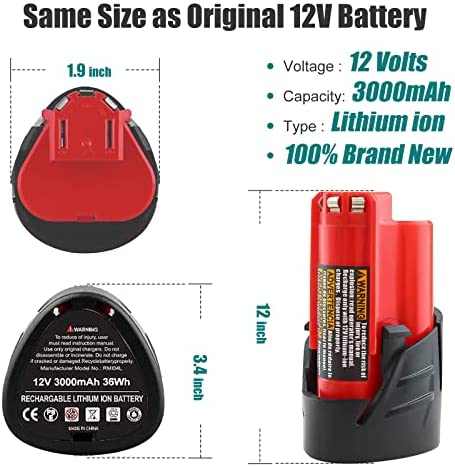 1674351630 385 2 Pack 3000mAh Li ion Replacement for Milwaukee M12 Battery Compatible