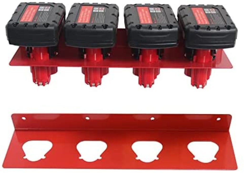 Fiihio 2 Pack Battery Holder for Milwaukee M12, 4 Slot Metal Battery Storage Bracket, Milwaukee 12V Battery Wall Mount Bracket for Milwaukee M12 Wall Mount Tool Rack, Red (Includes 8 Screws) 59 41rnA72a6bL. AC