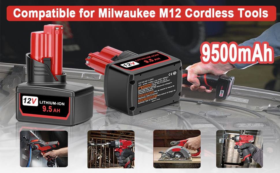 1683685818 341 KUNLUN 2Pack 9500mAh High Output 12V Battery for Milwaukee M12