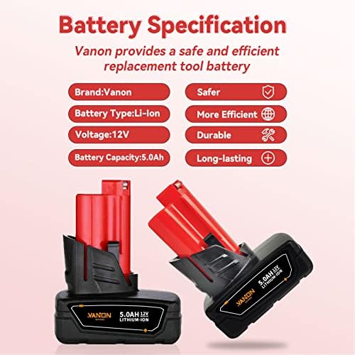 1686477802 365 VANON Replacement for Milwaukee M 12 12V Battery 50Ah 4Pack Lithium ion