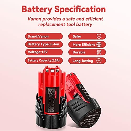 1690131738 365 VANON 4 Pack 12V 2500mAh Lithium ion M 12 Replacement for Milwaukee 12V