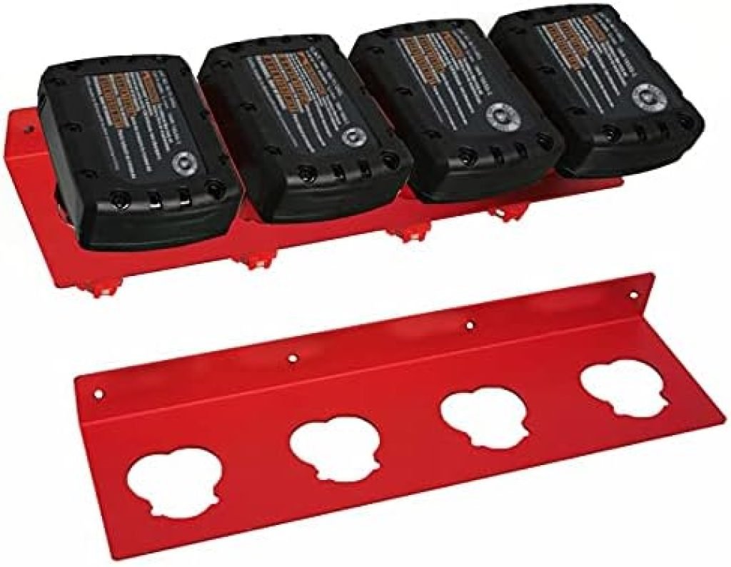 JILINWEI Battery Holder for Milwaukee M12, Metal Battery Storage for 4 Pcs Milwaukee M12 6.0 Battery, Mount Wall Rack with 4 Slot Milwaukee Accessories Tool, 1Pcs 51 41sIffR7vqL. AC