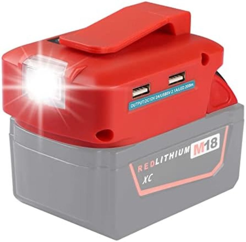 BTRUI Battery USB Adapter Light for Milwaukee 18v Battery M18 with Dual USB Charger + 12V DC Port Output + Work Light - Power Source Supply for Milwaukee Lithium-ion Battery (Tool Only) 13 41CNn91sIYL. AC