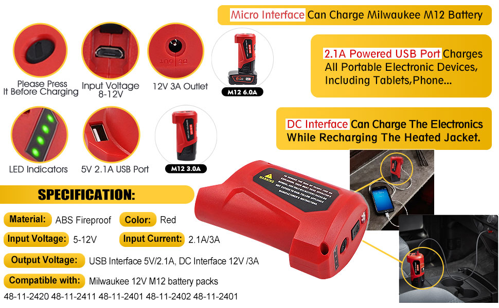 1697957313 494 【Multifunction 】 12V USB Power Source Replacement for M12 Milwaukee