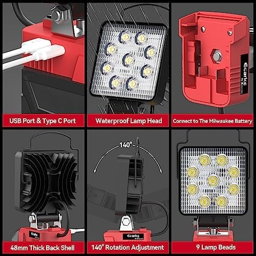 LED Work Light for Milwaukee M18,Ecarke Square 27w Cordless LED Flood Work Lights,18V Lithium Battery Light with Low Voltage Protection & USB&Type-C Charging Port(Upgraded ) 3 1703601830 339 LED Work Light for Milwaukee M18Ecarke Square 27w Cordless LED