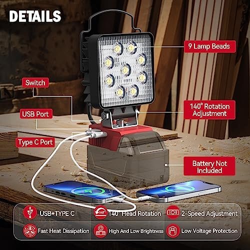 LED Work Light for Milwaukee M18,Ecarke Square 27w Cordless LED Flood Work Lights,18V Lithium Battery Light with Low Voltage Protection & USB&Type-C Charging Port(Upgraded ) 4 1703601830 948 LED Work Light for Milwaukee M18Ecarke Square 27w Cordless LED