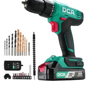 DCA Cordless Drill Set, 336 in-lbs Torque, 3/8" Keyless Chuck, Electric Power Drill with 2.0Ah Battery and Charger,18+1 Position,25-Piece 20V Drill Driver Kit, ADJZ2035