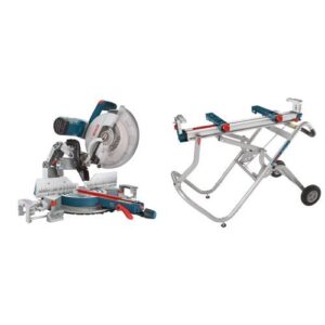 Bosch Power Tools GCM12SD - 15 Amp 12 Inch Corded Dual-Bevel Sliding Glide Miter Saw with 60 Tooth S with Bosch Portable Gravity-Rise Wheeled Miter Saw Stand T4B