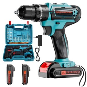 Olubfdh Cordless Drill Set 21V, Power Drill Cordless with 3/8 Inch Keyless Chuck, 25+ 3 Clutch Electric Drill with Work Light, Max torque 45Nm, 2-Variable Speed & 2 Batteries and Fast Charger