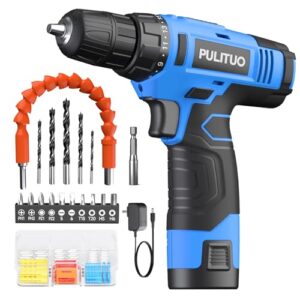PULITUO 12V Blue Cordless Drill Set Power Drill Kit with Battery and Charger,electric drill home improvement,3/8-Inch Keyless Chuck,Built-in LED,21+1 Torque Setting small drill