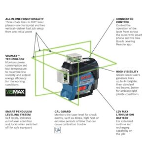 BOSCH GLL3-330CG 200 Ft 12V Max Connected 360 Degree Green-Beam Laser, Includes 2.0 Ah 12V Max Lithium-Ion Battery & Charger, AA1 Alkaline Battery Adapter, Hard Carrying Case, & Accessories