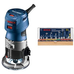 Bosch GKF125CEN Colt 1.25 HP (Max) Variable-Speed Palm Router Tool with BOSCH RBS010 1/2-Inch and 1/4-Inch Shank Carbide-Tipped All-Purpose Professional Router Bit Set, 10-Piece