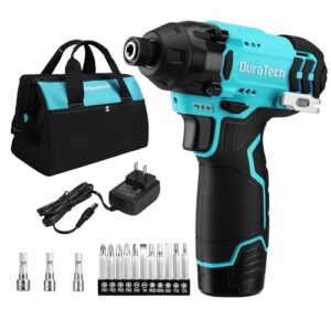DURATECH 12V Cordless Impact Driver, 1/4” Electric Impact Driver with 11pcs Screwdriver Bits, 3pcs Nut-driver Bits, Variable Speed(0-2400RPM), LED Light, Tool Bag, Battery and Charger Included